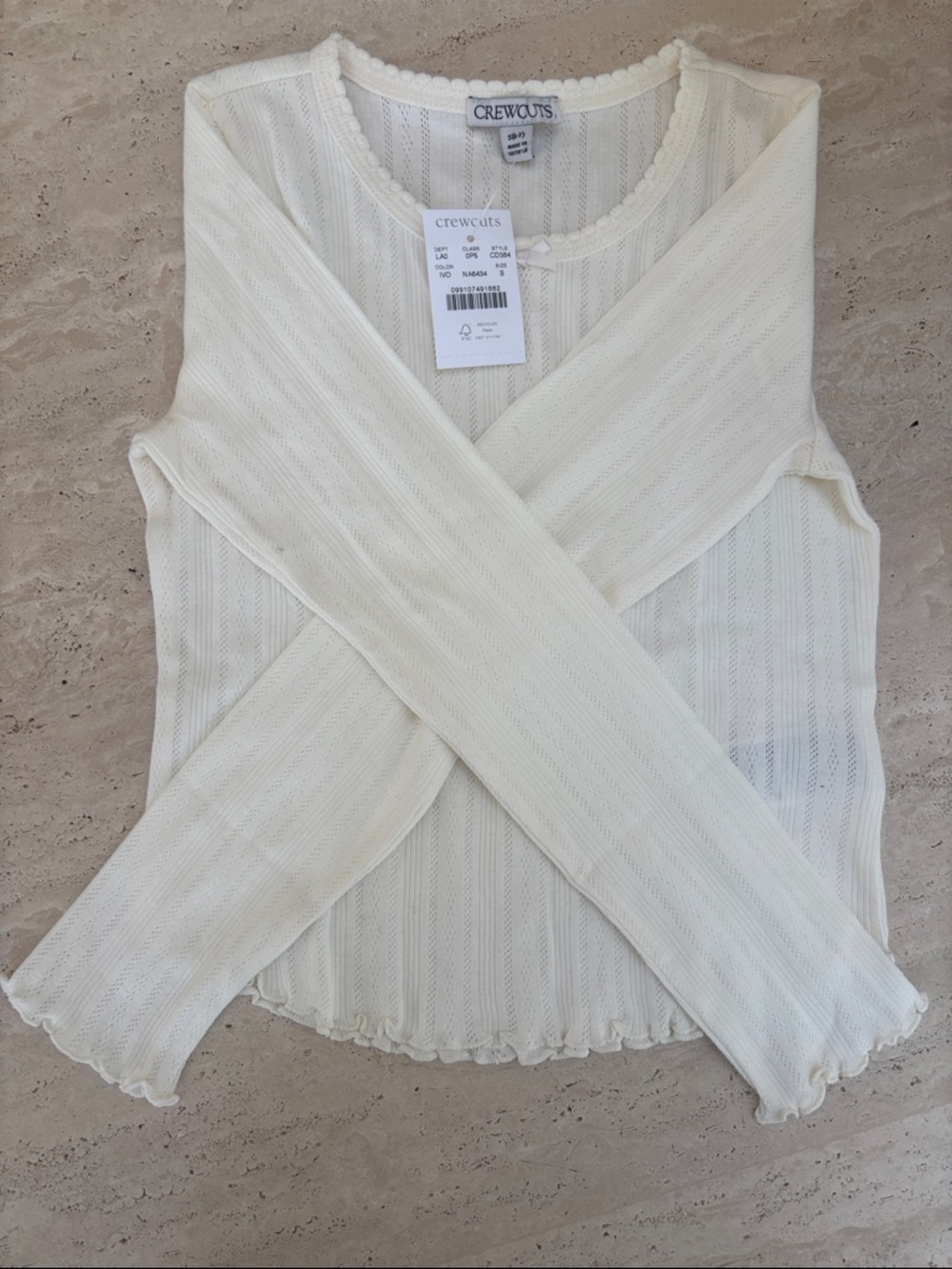 Crewcuts Ivory Ribbed Long Sleeve Tee with Lettuce Hem